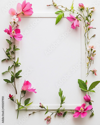 Spring floral arrangement with blank white frame