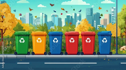 Wallpaper Mural of innovative smart recycling bins equipped with sensor technology to optimize waste management and environmental sustainability in modern urban settings  The flat design depicts the digital Torontodigital.ca