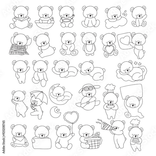 set of coloring book handrawing kawaii baby bear variant gesture and activity design