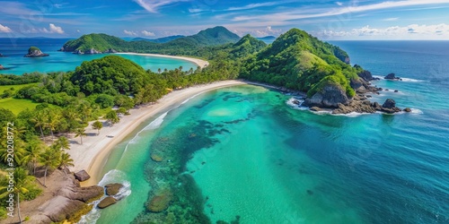 Aerial view of Pantai Selong Belanak Beach showcasing stunning beauty and turquoise waters photo