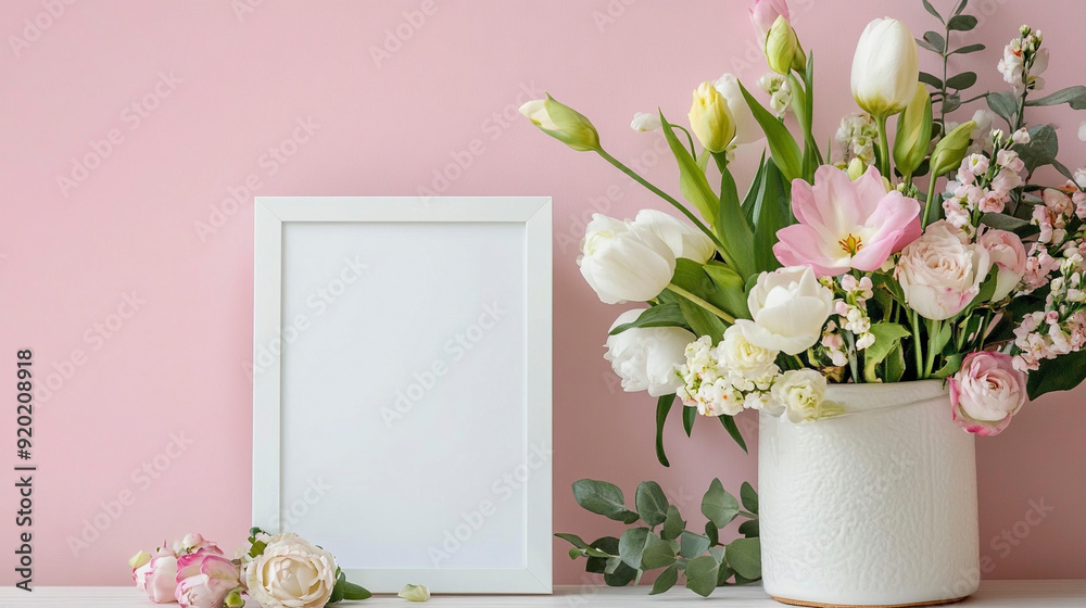 Spring floral arrangement with blank white frame Spring floral arrangement with blank white frame