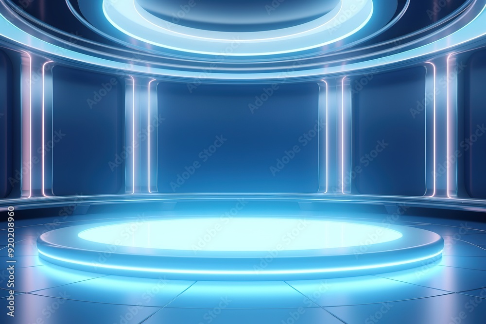 Futuristic blue platform with glowing neon lights. Futuristic blue platform with glowing neon lights.