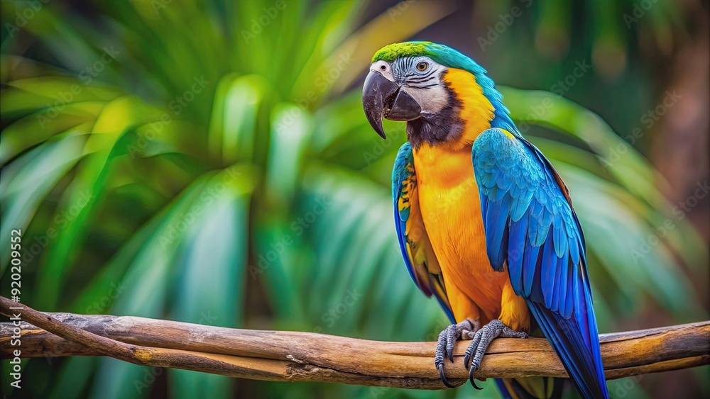Vibrant blue and yellow macaw perched on a branch, tropical bird Vibrant blue and yellow macaw perched on a branch, tropical bird