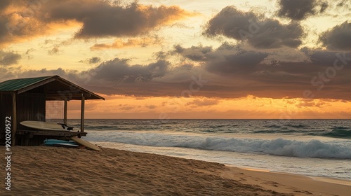 Serene Beachside Sunset  Perfect Poster for Sports Interiors  Featuring Gentle Waves  Beach Hut  Surfboards  and Vibrant Orange-Pink Sky - Ideal for Relaxation and Inspiration.
