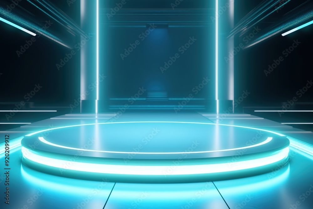 Futuristic blue platform with neon lights, 3D render. Futuristic blue platform with neon lights, 3D render.