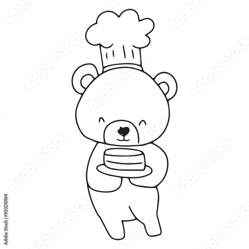 baby bear cooking cakes illustratopn cartoon. coloring book bear