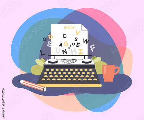 Typewriter with paper and story title. Novel or poetry writing flat vector illustration. Literature, creative imagination concept for banner, web design or landing page