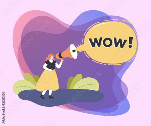 Tiny female speaker holding megaphone with speech bubble and WOW word in it. Woman attracting attention and giving shout in loudspeaker flat vector illustration. Creative advertising concept