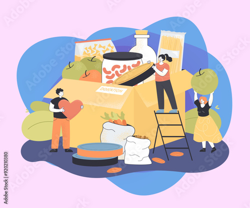 Tiny volunteers sharing canned food and grocery products. Help, support and assistance from people with charity cardboard box flat vector illustration. Voluntary, delivery of humanitarian aid concept