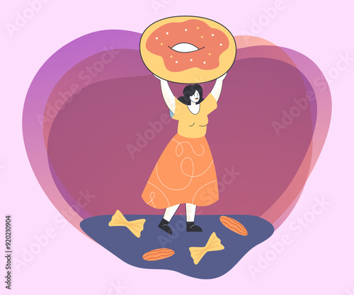 Woman with doughnut flat vector illustration. Unhealthy nutrition with high energy, cholesterol and glucose. Carb food concept