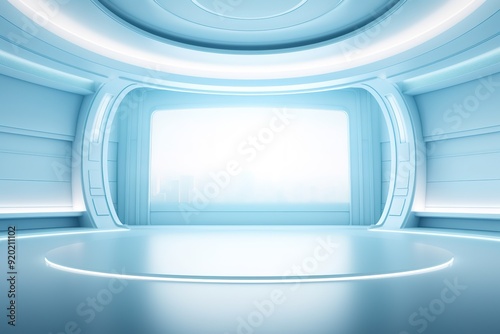 Futuristic blue room with circular platform and glowing lights.