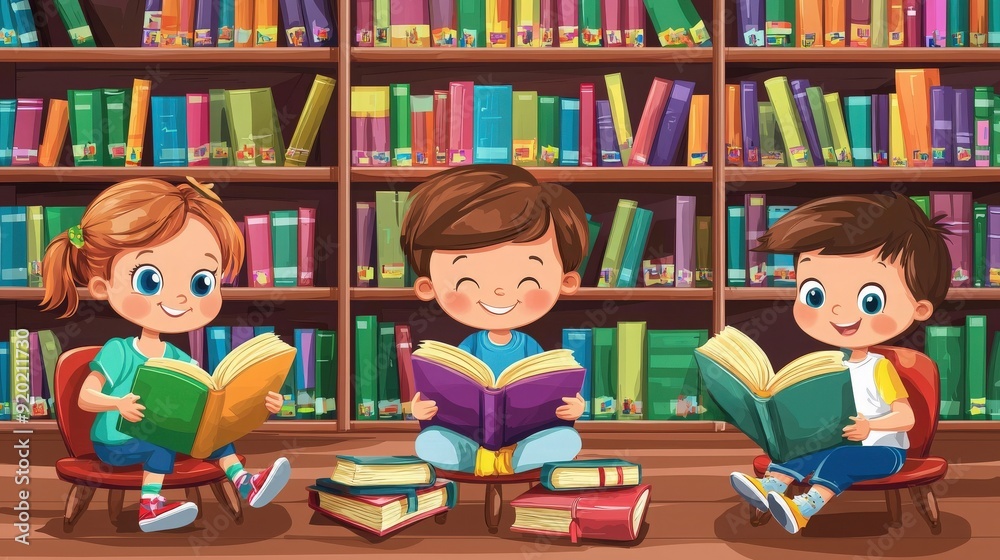 Three cheerful children reading books in a colorful library filled with vibrant shelves and books, fostering a love for reading. Three cheerful children reading books in a colorful library filled with vibrant shelves and books, fostering a love for reading.