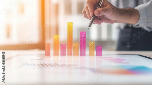 Professional presenting marketing metrics on interactive whiteboard, data visualization in business