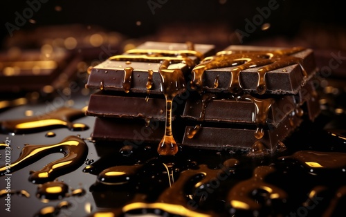 Rich Dark Chocolate Bars with Golden Caramel Drizzle on a Glossy Surface