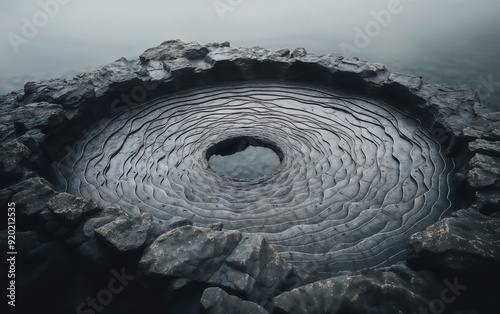 Natural Spiral Rock Formation With Central Hole Surrounded by Water