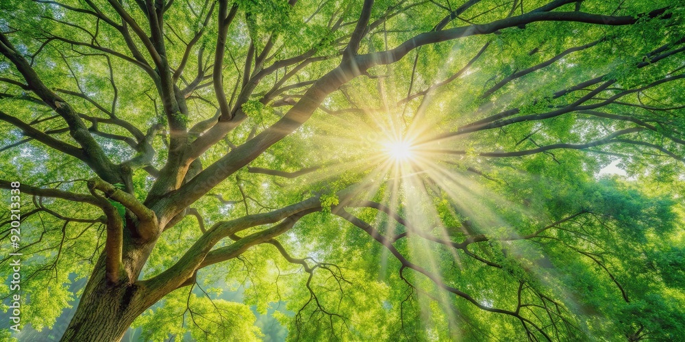 Fototapeta premium Soft natural light shining through tree branches , sunlight, bright, nature, rays, sunny, peaceful, serene, glowing, foliage
