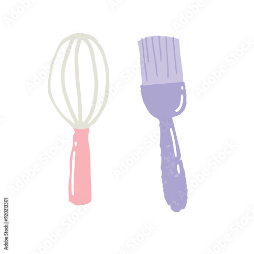 watercolor kitchen element design. cooking apron, gloves, brush, grinder, microwave, oven, spatula, scales