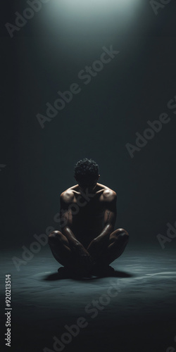 Depressed individual sitting alone in a dark room photo