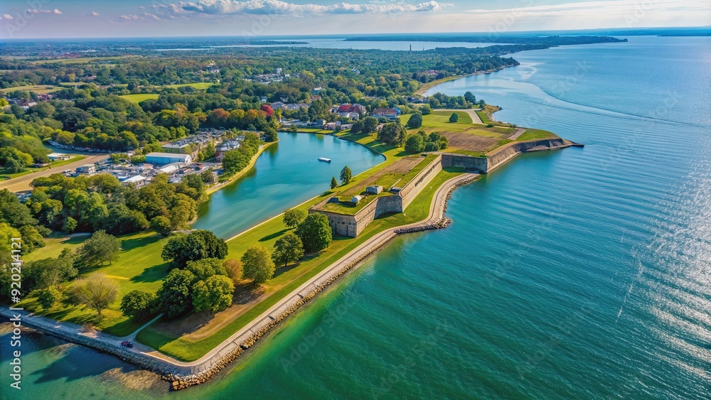 Fototapeta premium Aerial view of Fort Erie shoreline in Ontario, Canada, beach, waterfront, Lake Erie, summer, vacation, travel, drone, aerial