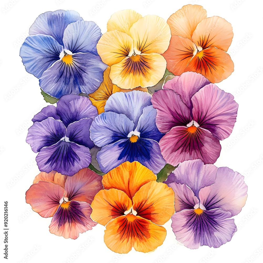 A watercolor illustration of pansies in various shades A watercolor illustration of pansies in various shades