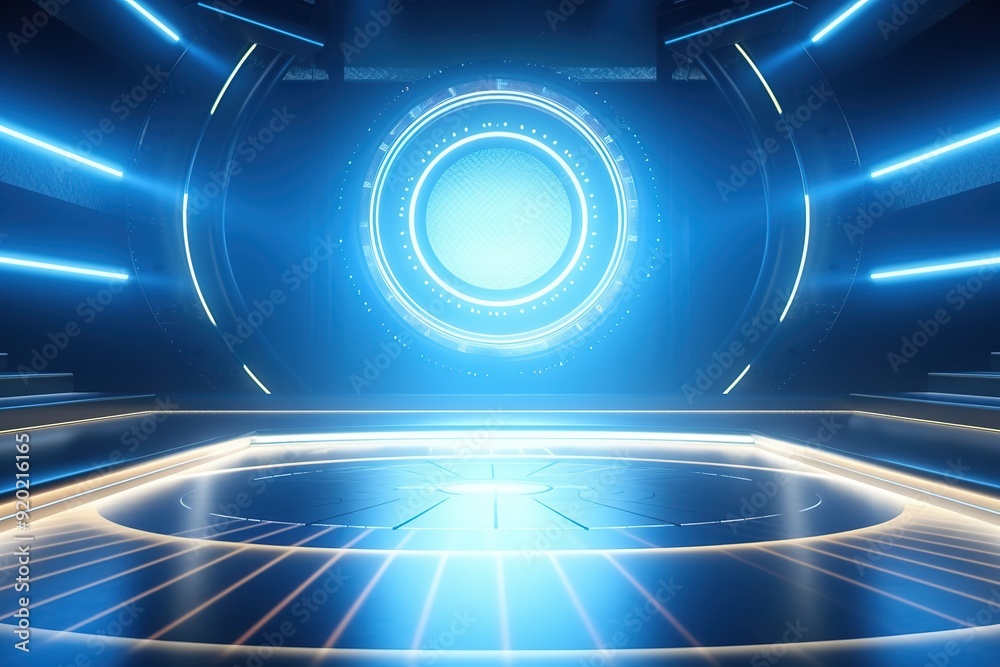 Futuristic circular platform with blue neon lights. Futuristic circular platform with blue neon lights.