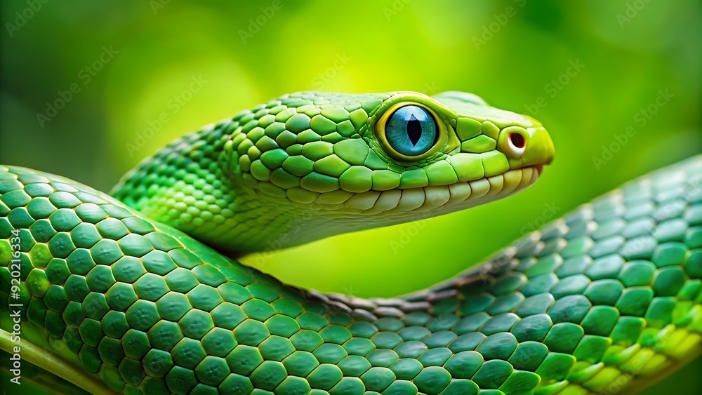 Fototapeta premium close up of a Green pit viper snake (Ptyas mucosa), isolated on a blurry green nature background, High Quality image