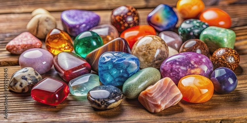 Collection of polished semi-precious gemstones of different minerals and structures on a wooden table, gems, stones