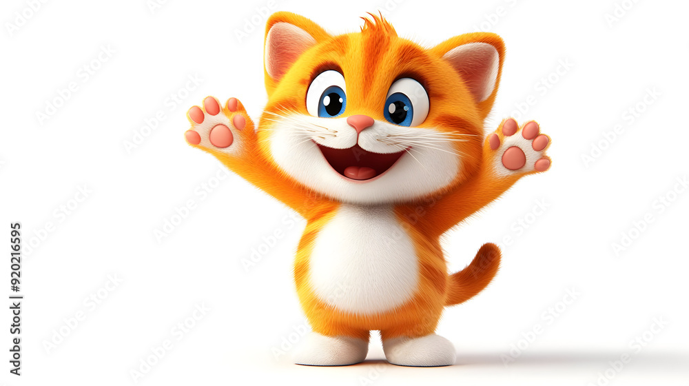 A cheerful cartoon orange cat with raised paws, expressing joy and friendliness. A cheerful cartoon orange cat with raised paws, expressing joy and friendliness.