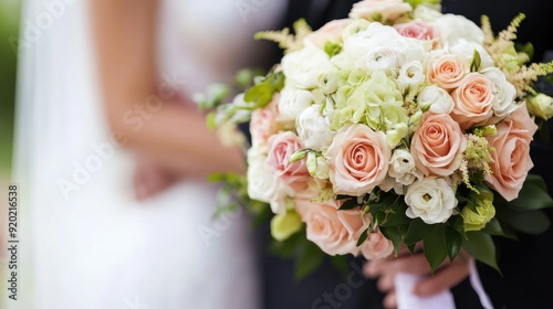 Wedding Bouquet with Bride and Groom in Background