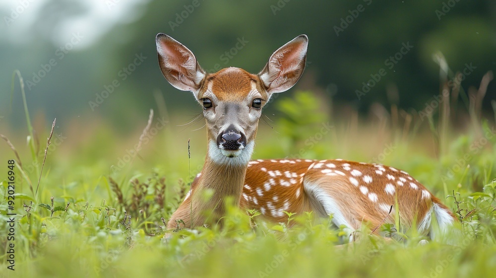 A Fawn Lying in a Field of Green Grass A Fawn Lying in a Field of Green Grass