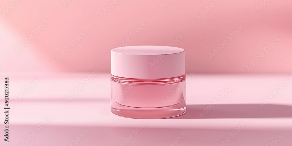 Pink cosmetic jar casting shadow on pink background