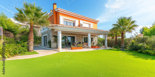 Beautiful modern house with a green lawn and palm trees enjoying the summer sun