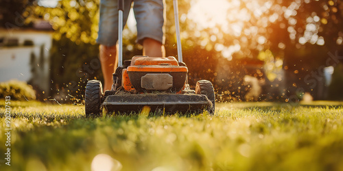 Gardener mowing grass in garden with lawn mower at sunset photo