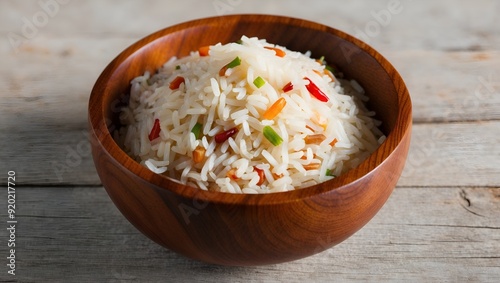 Cooked Thai Organic Red Jasmine Rice in wooden teak bowl. photo