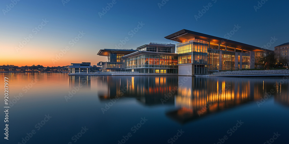 Modern building reflecting in water at sunset Modern building reflecting in water at sunset