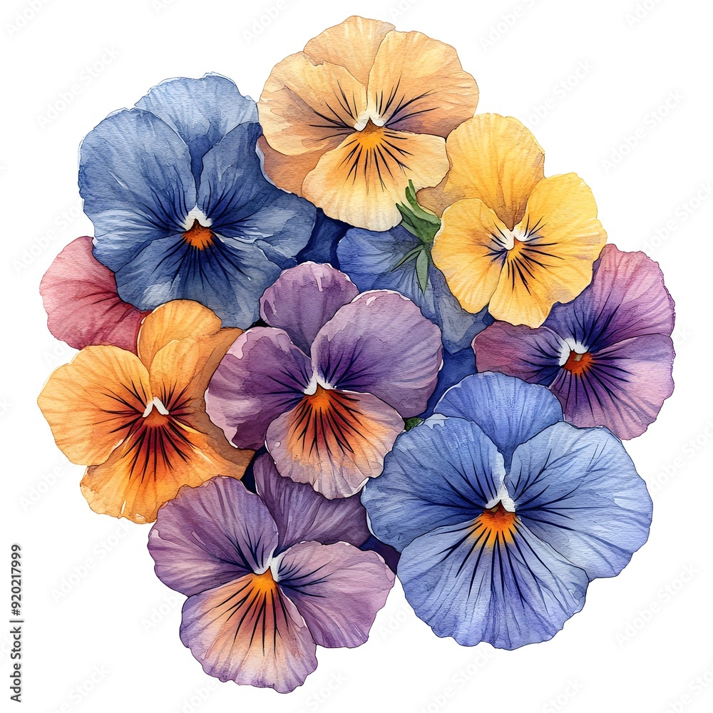 A watercolor illustration of pansies in various shades A watercolor illustration of pansies in various shades