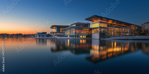 Modern building reflecting in water at sunset