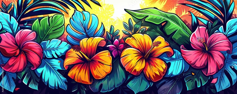 A vibrant tropical scene featuring colorful hibiscus flowers and lush greenery, perfect for designs that celebrate nature's beauty. A vibrant tropical scene featuring colorful hibiscus flowers and lush greenery, perfect for designs that celebrate nature's beauty.