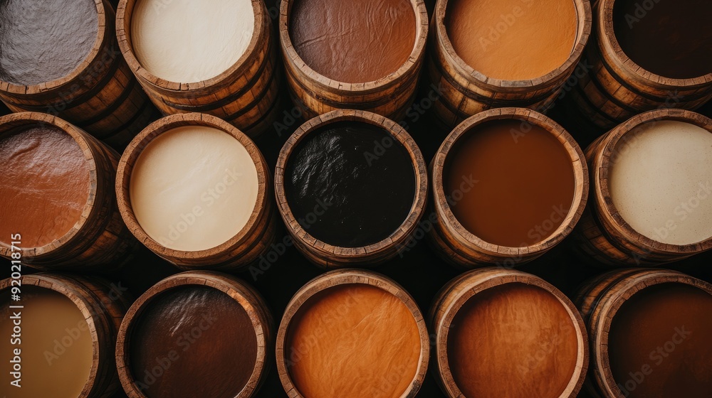 Aged wooden vats filled with tanning solutions, animal hides gradually absorbing color, a historical look at leather craftsmanship, detailed textures