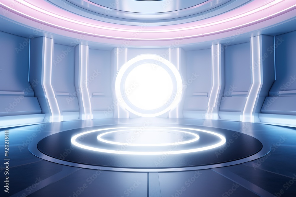 Futuristic circular room with glowing lights and a large portal. Futuristic circular room with glowing lights and a large portal.