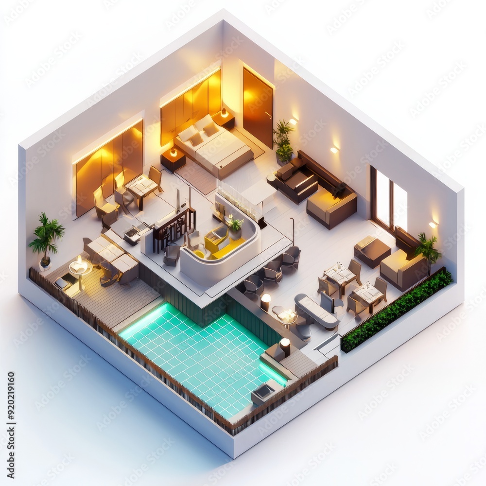 3D Render of a luxury business hotel with executive suites, meeting rooms, and dining areas. Miniature, on isolated white background 3D Render of a luxury business hotel with executive suites, meeting rooms, and dining areas. Miniature, on isolated white background