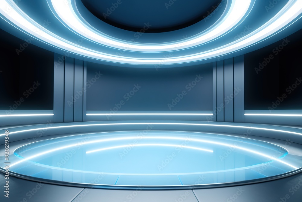 Futuristic circular room with glowing lights and glass floor. Futuristic circular room with glowing lights and glass floor.