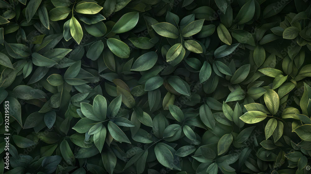Dark green leaves, depicted in a hyper-detailed rendering style with aerial photography and vibrant color usage. Dark green leaves, depicted in a hyper-detailed rendering style with aerial photography and vibrant color usage.