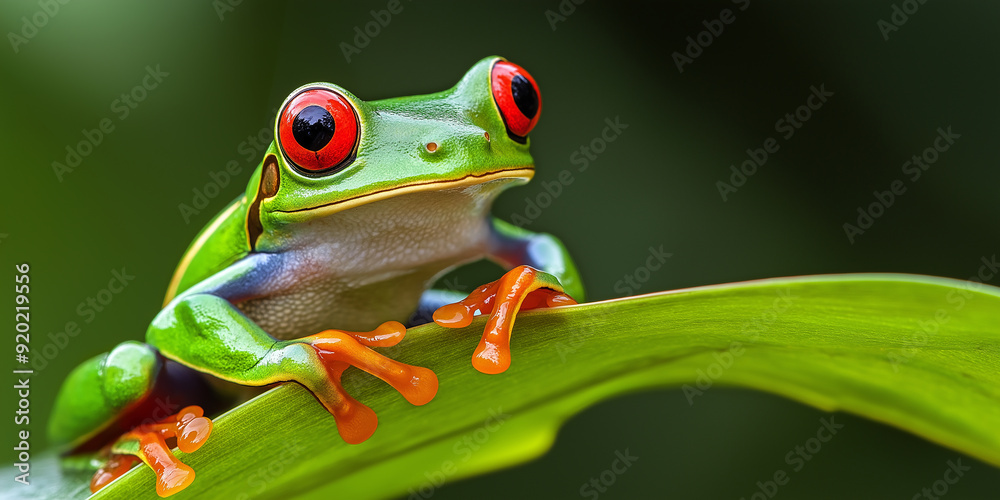 Red eyed tree frog perched on a vibrant green leaf Red eyed tree frog perched on a vibrant green leaf
