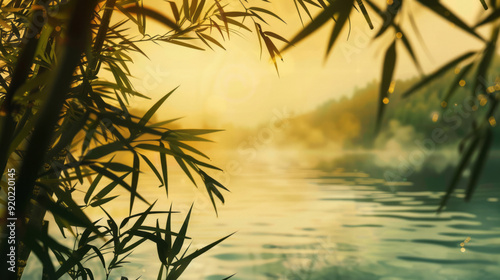 A traditional painting shows bamboo trees in the foreground, with a light yellow and bronze palette, demonstrating mastery of panel composition. photo