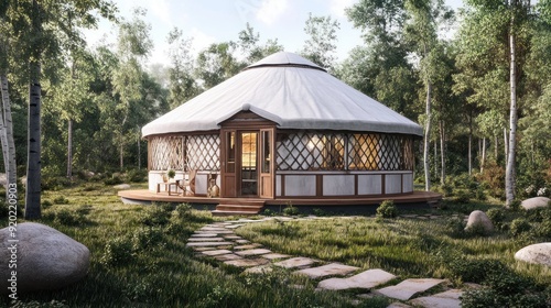 A white yurt in a green forest. A stone path leads to the wooden door of the yurt.