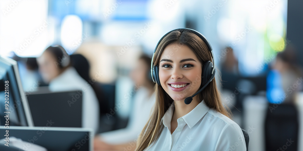 Smiling customer service representative working in busy call center Smiling customer service representative working in busy call center