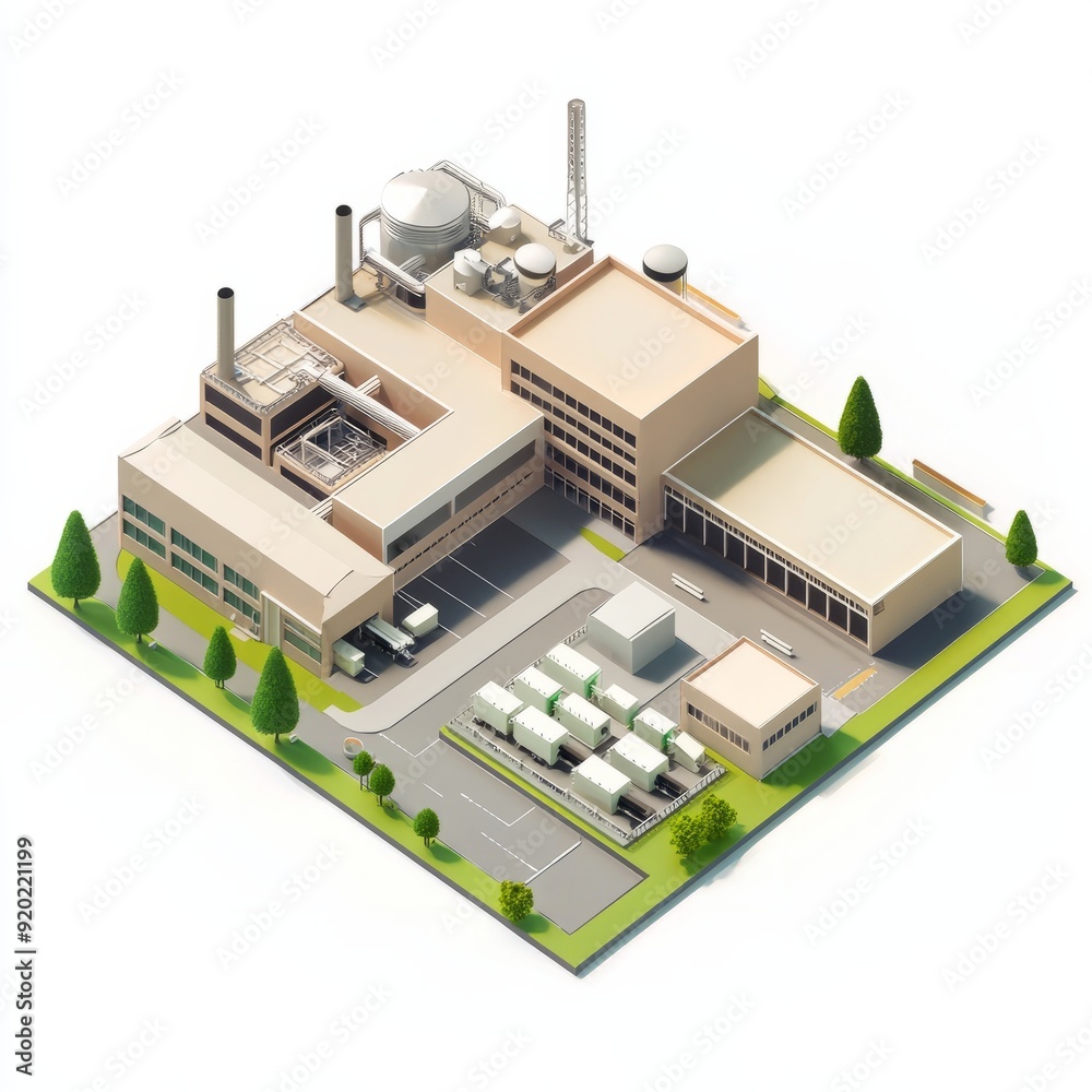 3D Render of an industrial business facility with production areas and administrative offices. Miniature, on isolated white background 3D Render of an industrial business facility with production areas and administrative offices. Miniature, on isolated white background