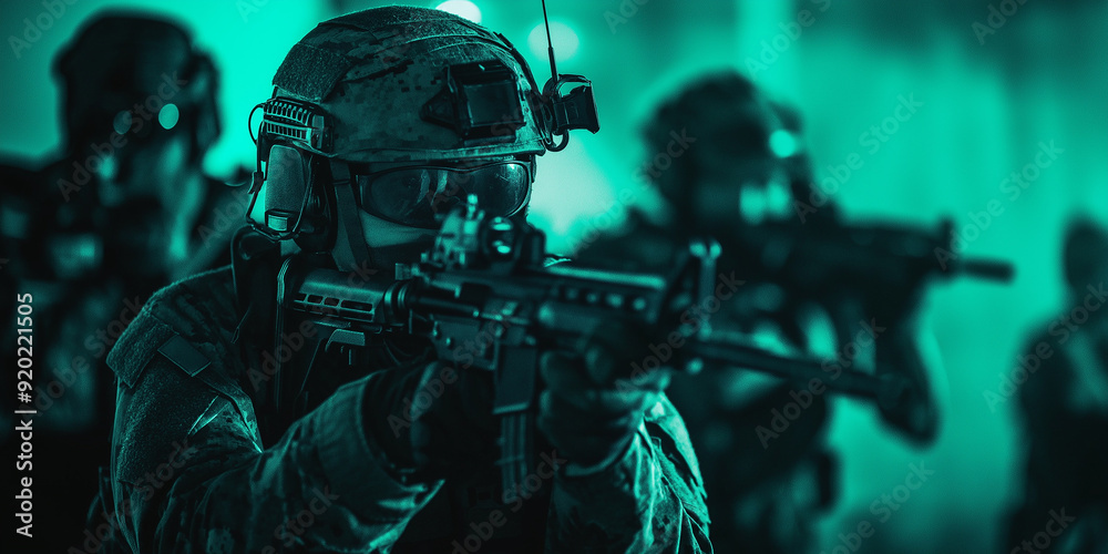 Soldier aiming assault rifle during night mission with squad Soldier aiming assault rifle during night mission with squad