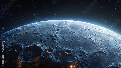 Moon and Earth. Moon with craters in deep black space. Moonwalk. Earth at night
